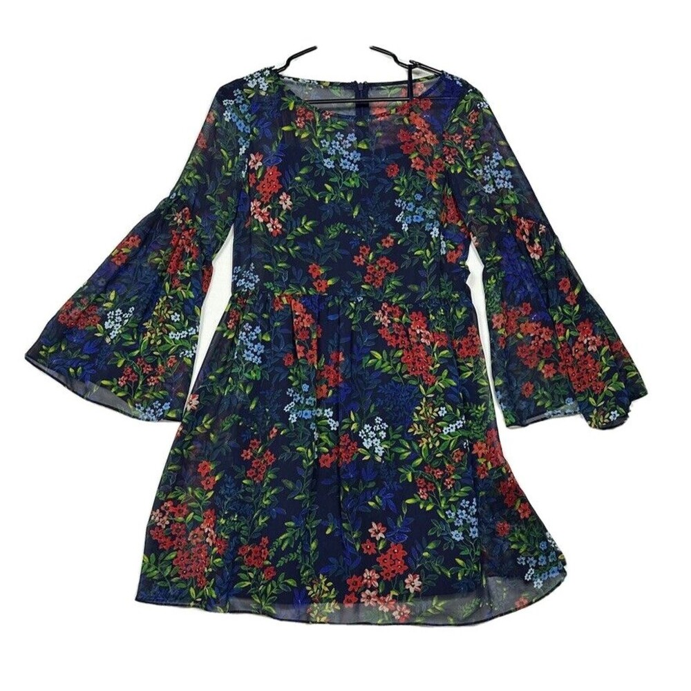 Lauren Ralph Lauren Dress Womens 2 Blue Floral Sheer A line Boho Bell Sleeves